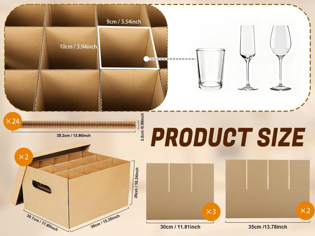 Wine Glass Moving Boxes with Dividers, 2 Pack Glassware Dish Moving Kit, 24 Honeycomb Paper Sleeves Included, Heavy
