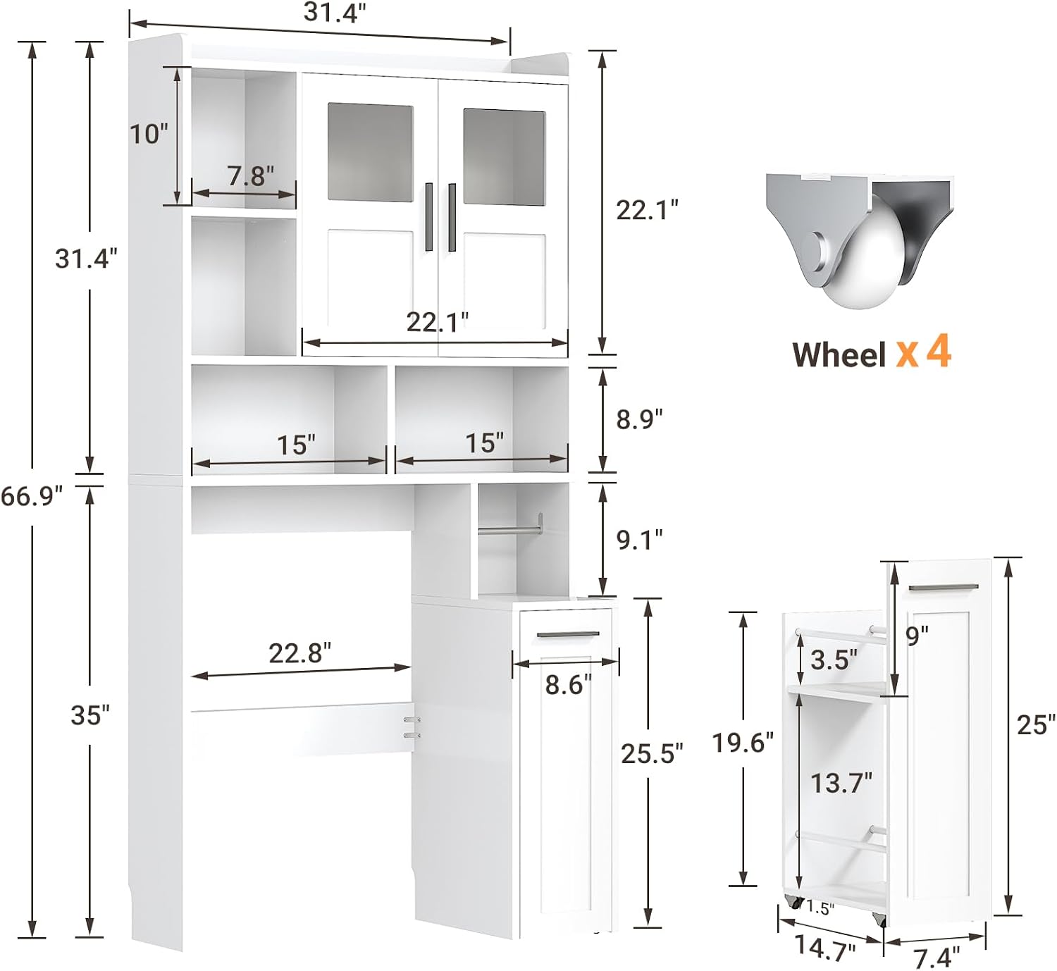 Over The Toilet Storage Cabinet with Glass Doors & Pulley, White | Pull-Out Cabinet, Toilet Paper Holder, Side Hooks