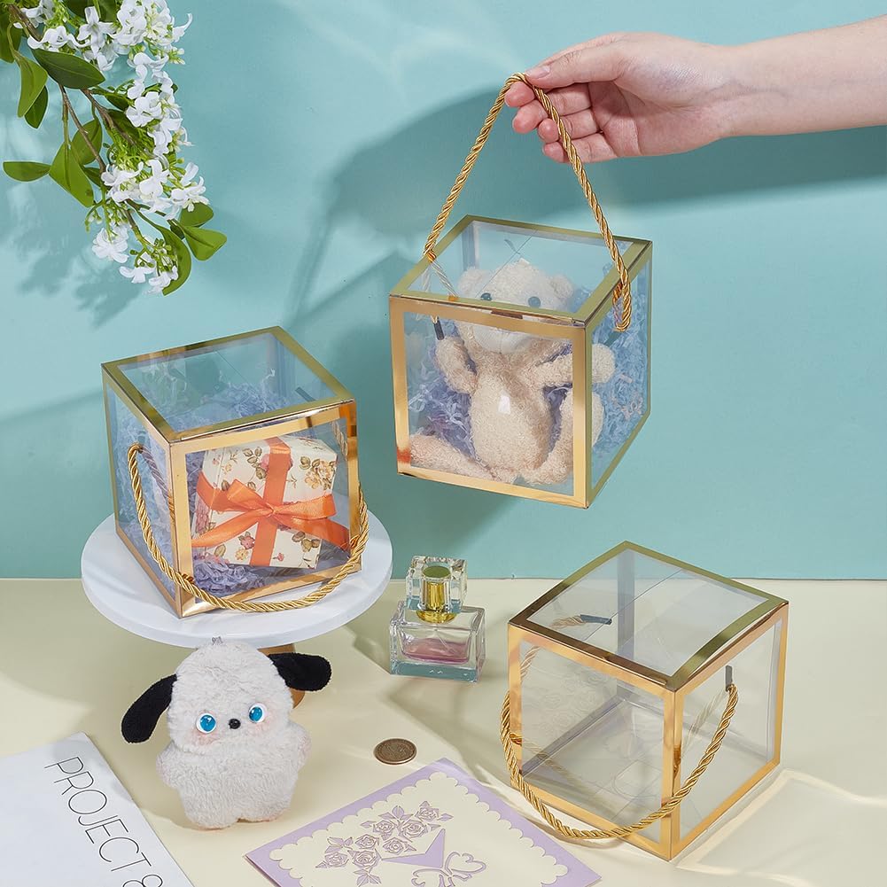10 Sets Transparent Favor Boxes, 4.8x4.8x4.8 Inch Treat Gift Boxes with Gold Border Lace and Handle for Candy