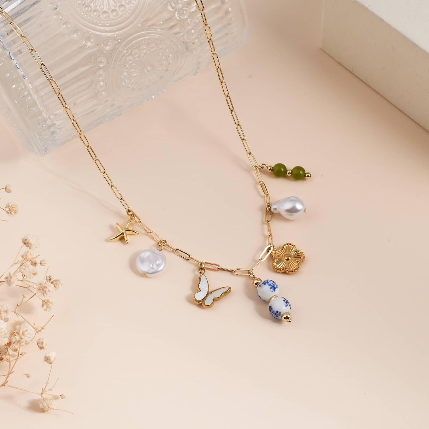 Pearl Flower Charm Necklace Floral Beach Shell Fish Summer Chinoiserie Porcelain Cherry Fruit Butterfly Whimsical
