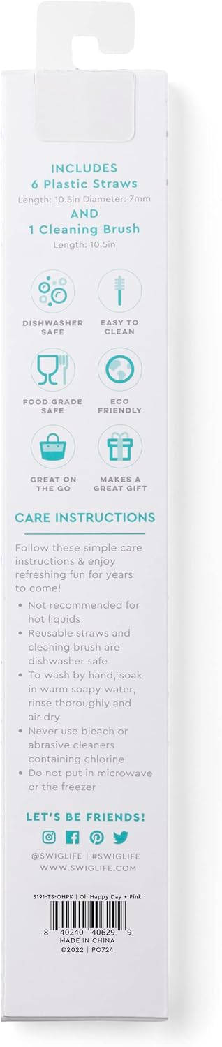 Reusable Straw Set with Cleaning Brush, Oh Happy Day + Pink | Reusable Straw Set - Cleaning Brush Included - 14 Inch