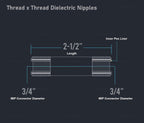 Midline Valve EOUU3425 Dielectric Nipple Pipe Fitting with PEX Lining 3/4'' MIP Connections 2-1/2'' Long Galvanized Steel Reduces Electrolysis