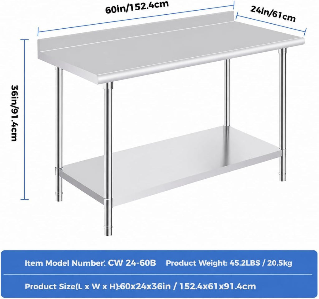 Stainless Steel Prep Table 24 x 60 Inches with Backsplash