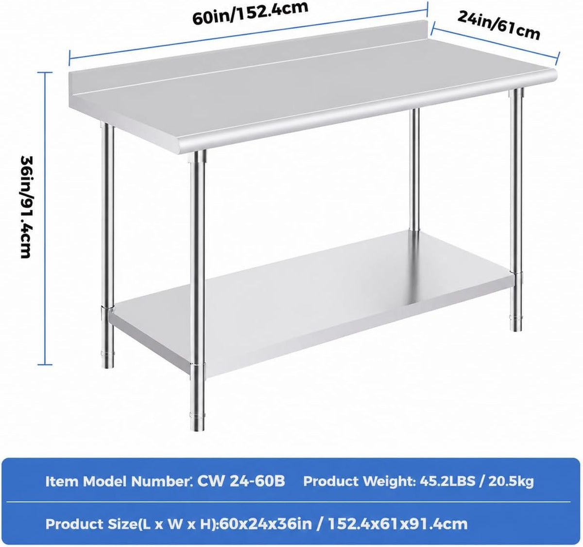 Stainless Steel Prep Table 24 x 60 Inches with Backsplash