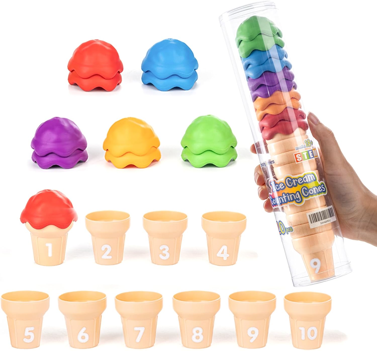 Ice Cream Counting Cones 1-10 – Number Matching Toys for Kids | 10 Cones + 10 Stacking Scoops, Educational Preschool