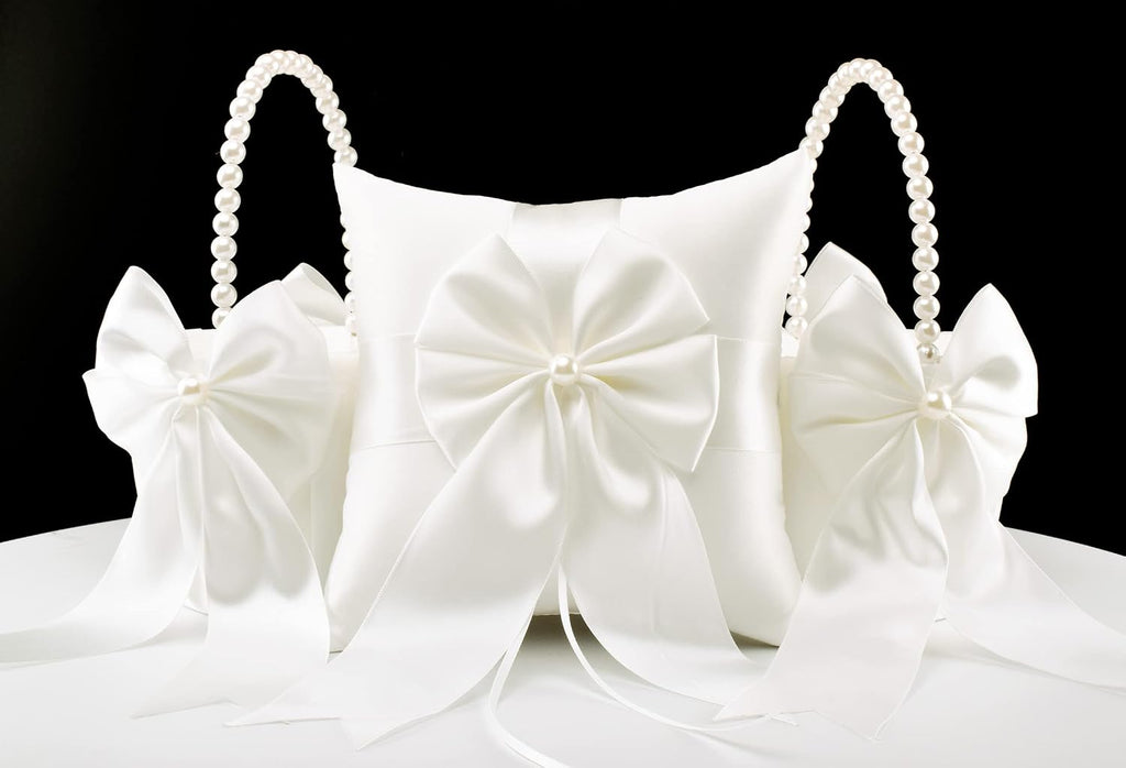 2 Pack Flower Girl Baskets and Ring Bearer Pillow Set, Ivory