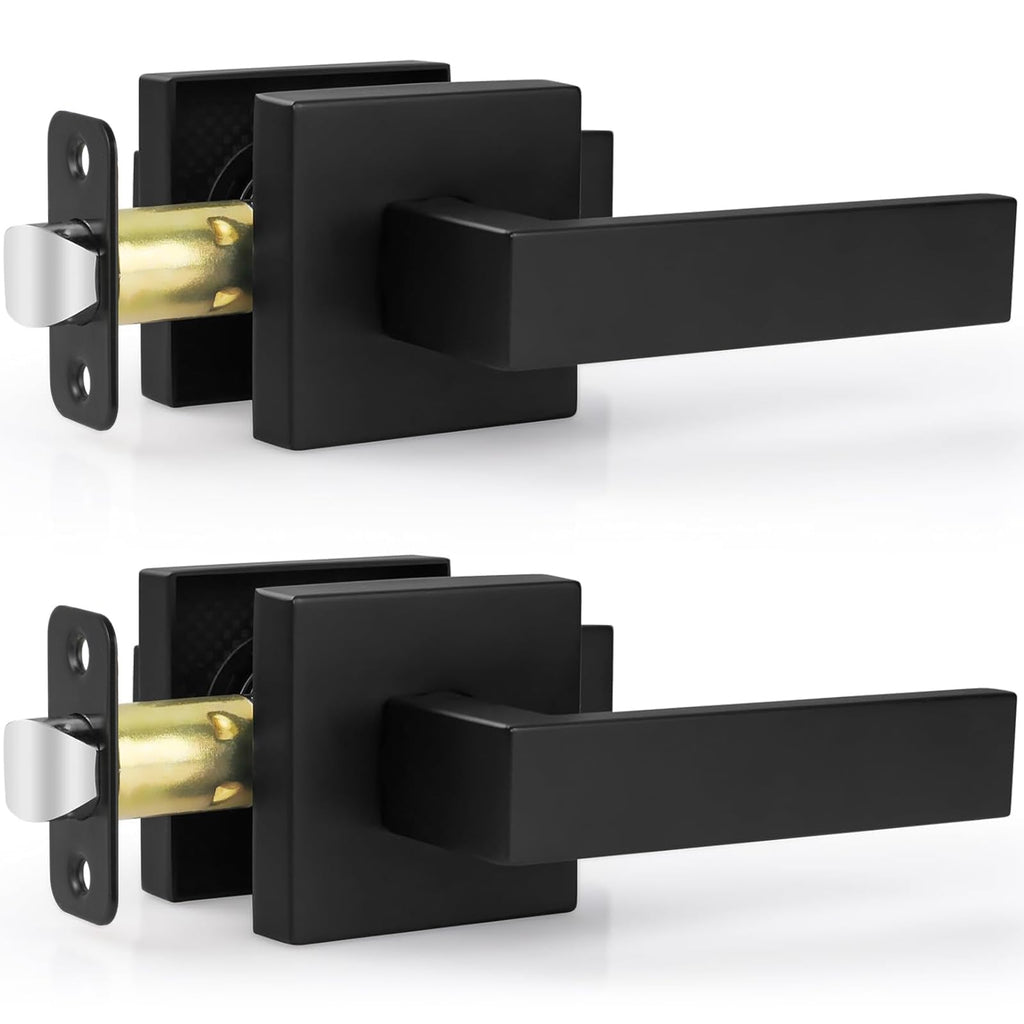 2 Pack Passage Door Levers, Matte Black Door Knobs Interior Square Door Handles, Heavy Duty Non-Locking Leversets