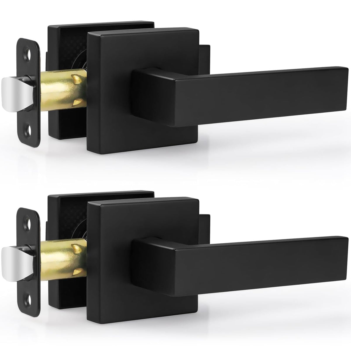 2 Pack Passage Door Levers, Matte Black Door Knobs Interior Square Door Handles, Heavy Duty Non-Locking Leversets