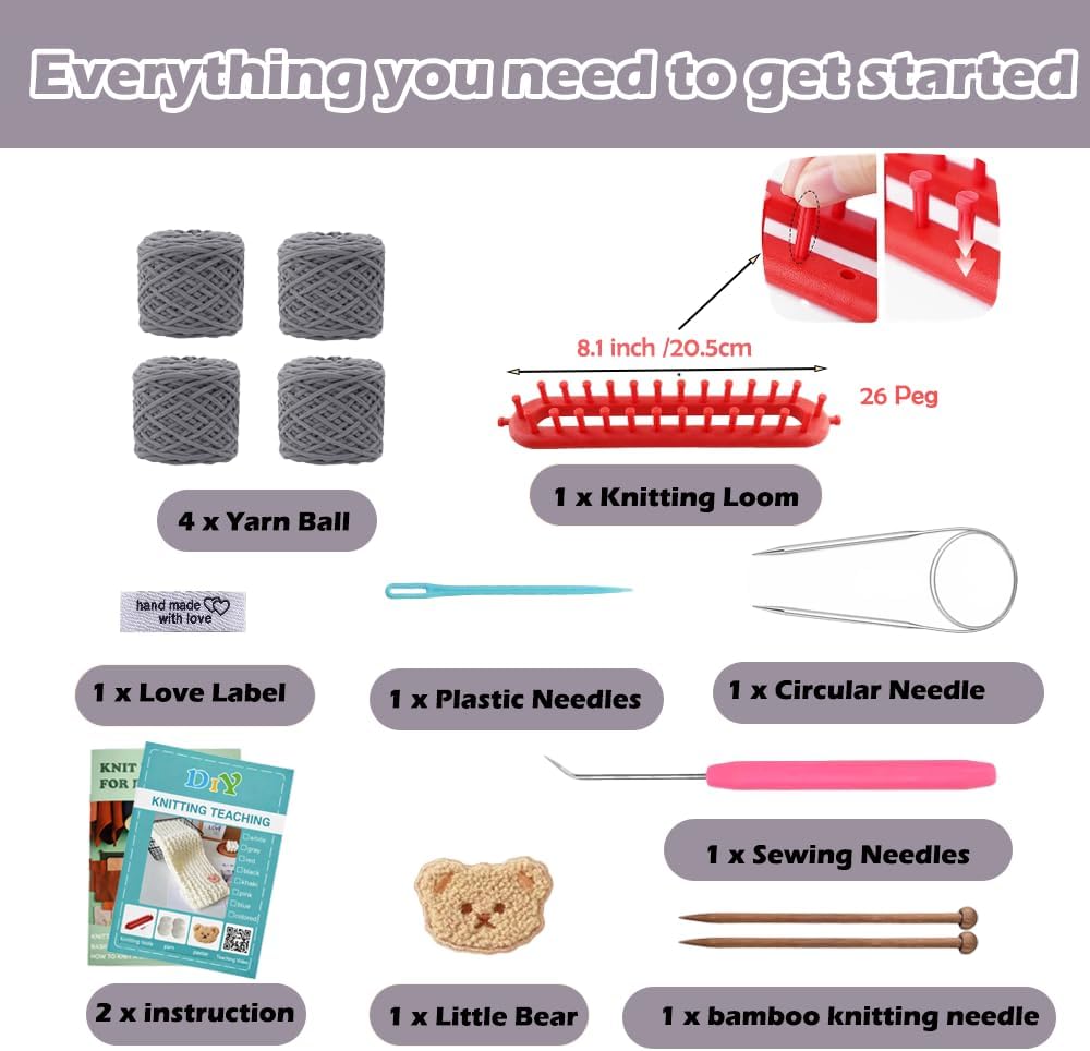 Knitting Loom Kit for Scarf, Easy Knitting Set Including Knitting Needles Set Plush Yarn, Learn to Knit kit with