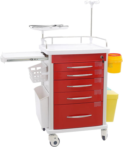Medical Rolling Crash Cart with 5 Drawers, ABS & Aluminum, 176 lbs Capacity, Includes CPR Board, IV Pole & Power