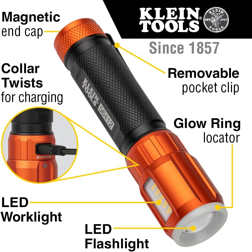 Klein Tools 56412 Rechargeable LED Flashlight with Flood Light, 500 lumens, USB-C Rechargeable, Pocket Clip, Magnet