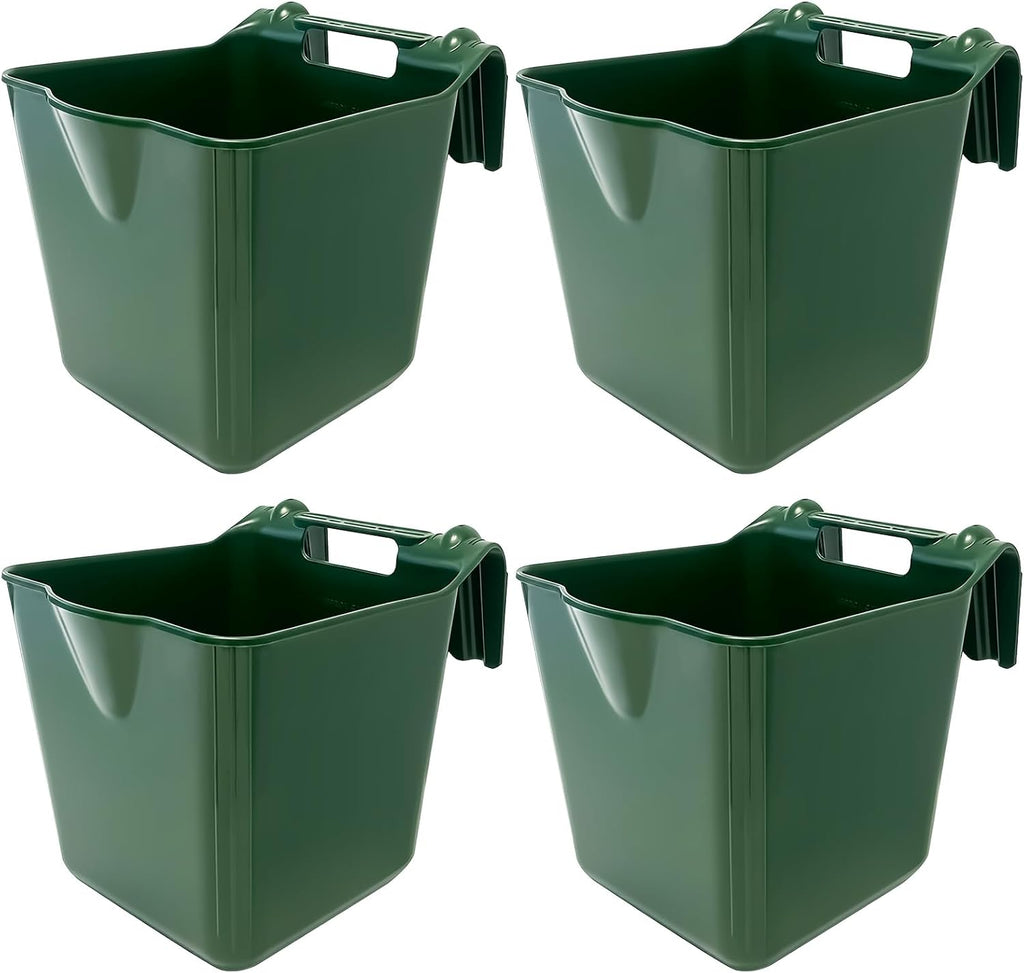 Horse Feed Bucket, 15 Quart Plastic Stall Hook Over, Green 4-Pack