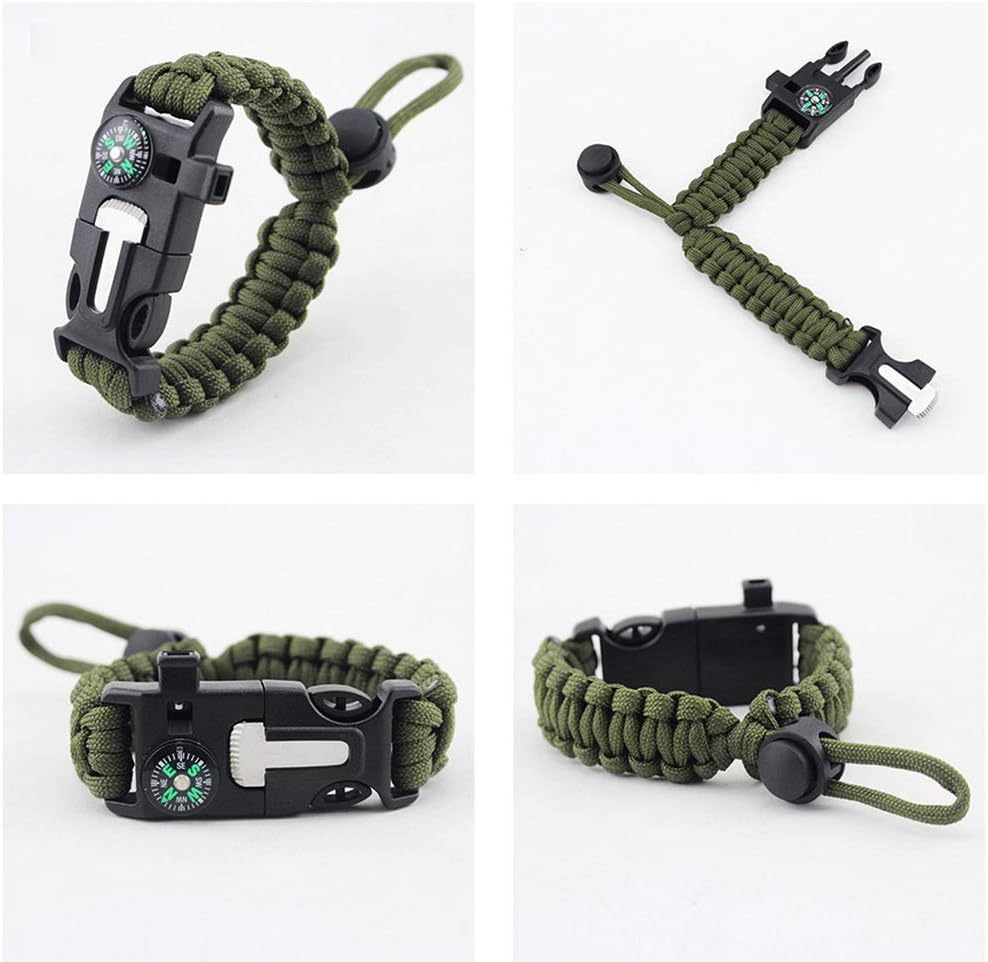 Survival Paracord Bracelet Flint Fire Starter Scraper Compass Wilderness Survival Whistle Adjustable Wristband 2Pack