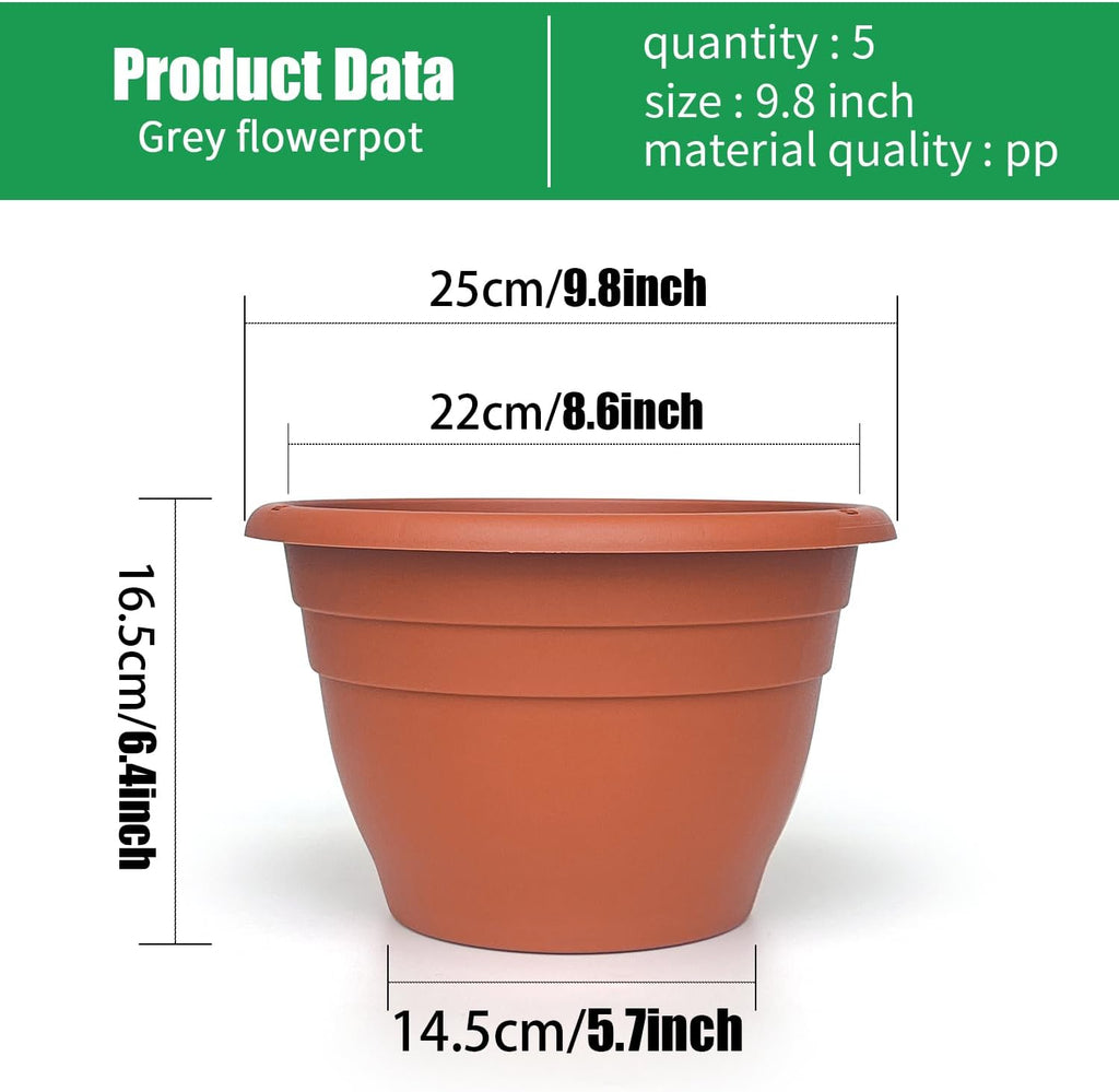5 Pack 10 Inch Plant Pots Lightweight Planters with Drainage Holes,Durable Indoor & Outdoor Flower Pots for