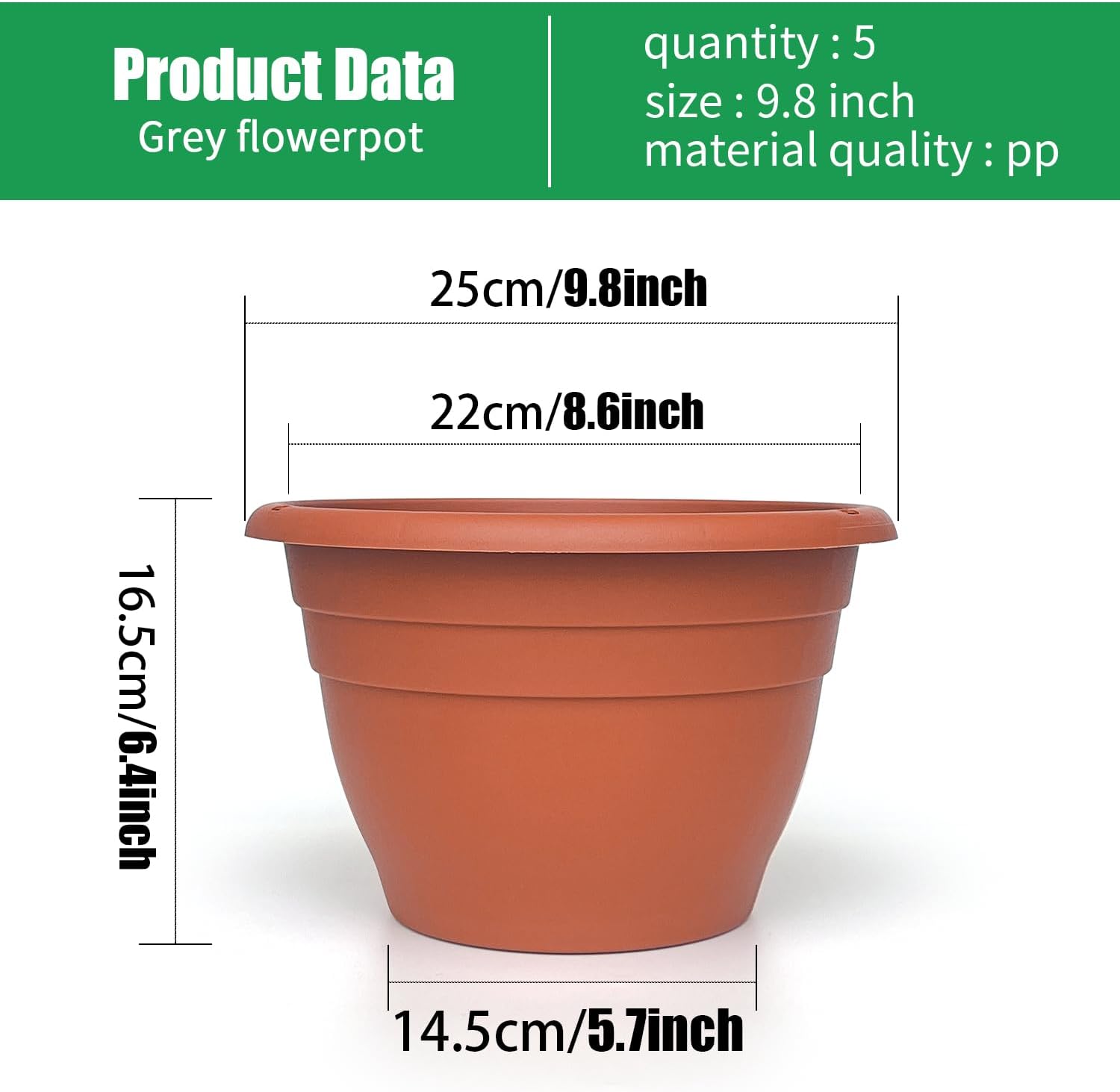 5 Pack 10 Inch Plant Pots Lightweight Planters with Drainage Holes,Durable Indoor & Outdoor Flower Pots for