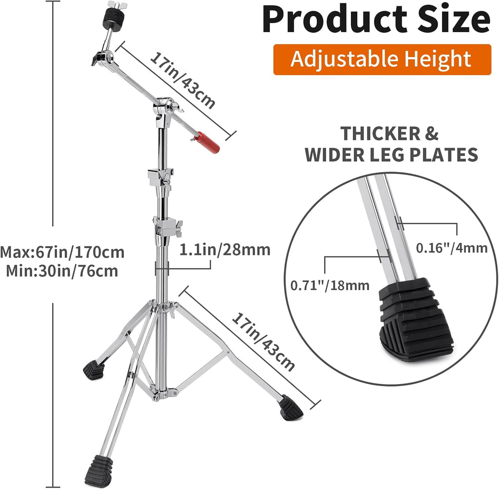 Heavy Duty Boom/Straight 2-in-1 Convertible Cymbal Stand | Upgraded Height Adjustable Drum Hardware with Double