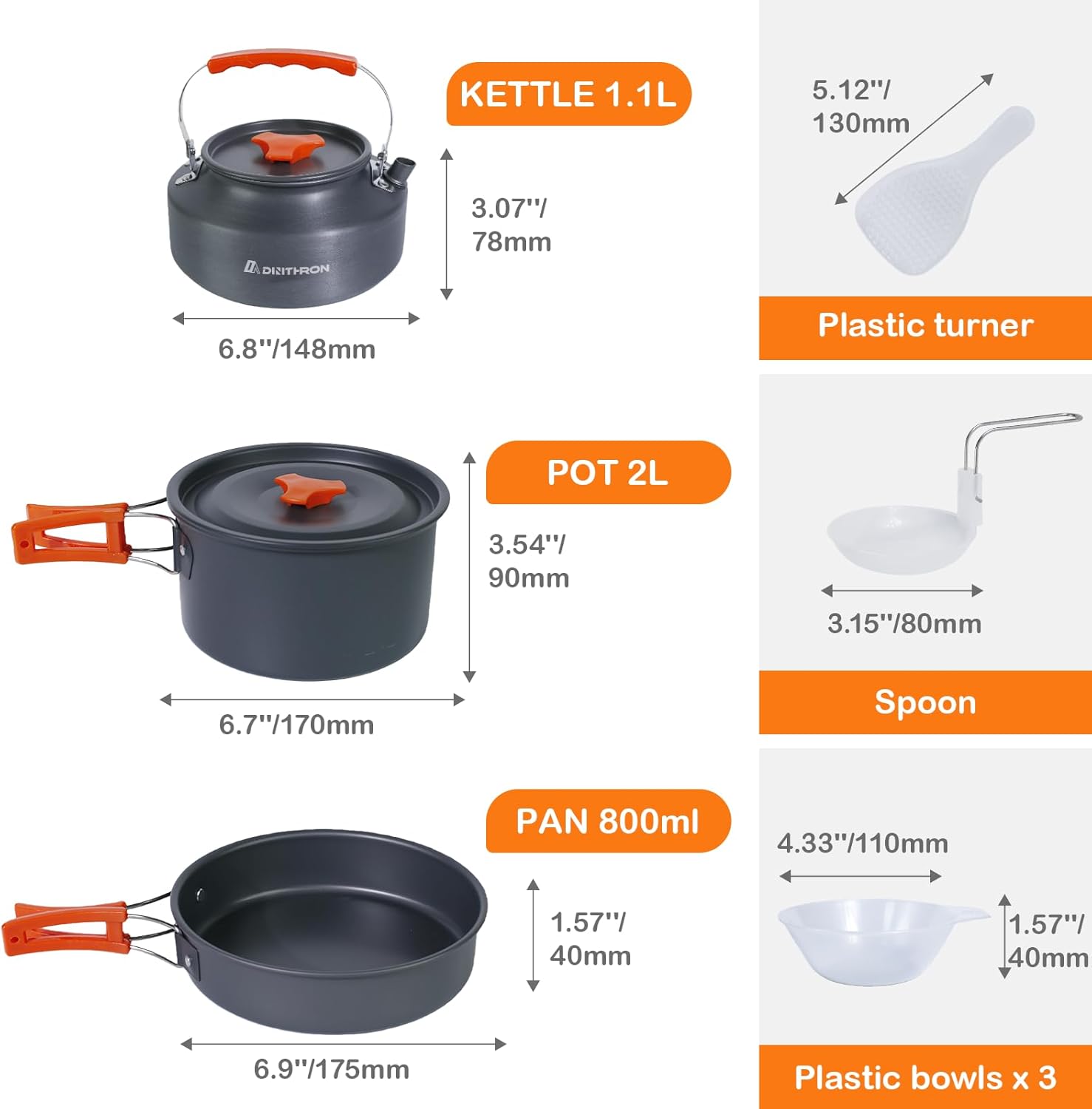10-Piece Camping Cookware Set with 2L Pot, 1.1L Kettle and Pan | Lightweight backpacking mess kit, durable