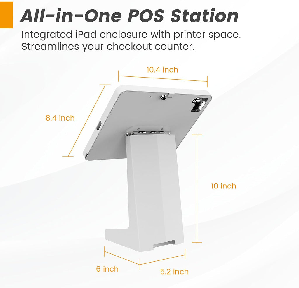 All-in-One Tablet POS Stand with Printer Compartment, All Metal Desktop Kiosk with Key Lock, 90° Flip Enclosure