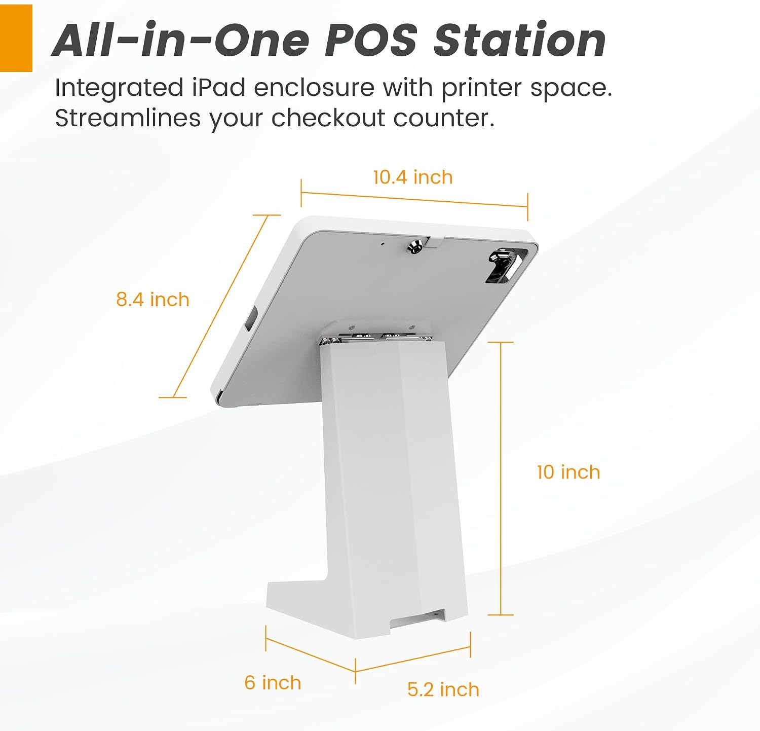 All-in-One Tablet POS Stand with Printer Compartment, All Metal Desktop Kiosk with Key Lock, 90° Flip Enclosure