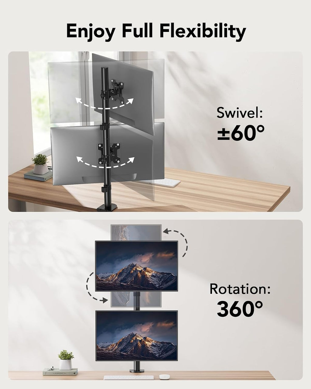 Vertical Dual Monitor Mount, Stacked Monitor Stand for 2 Monitors with Height Adjustment Computer Monitor Arm