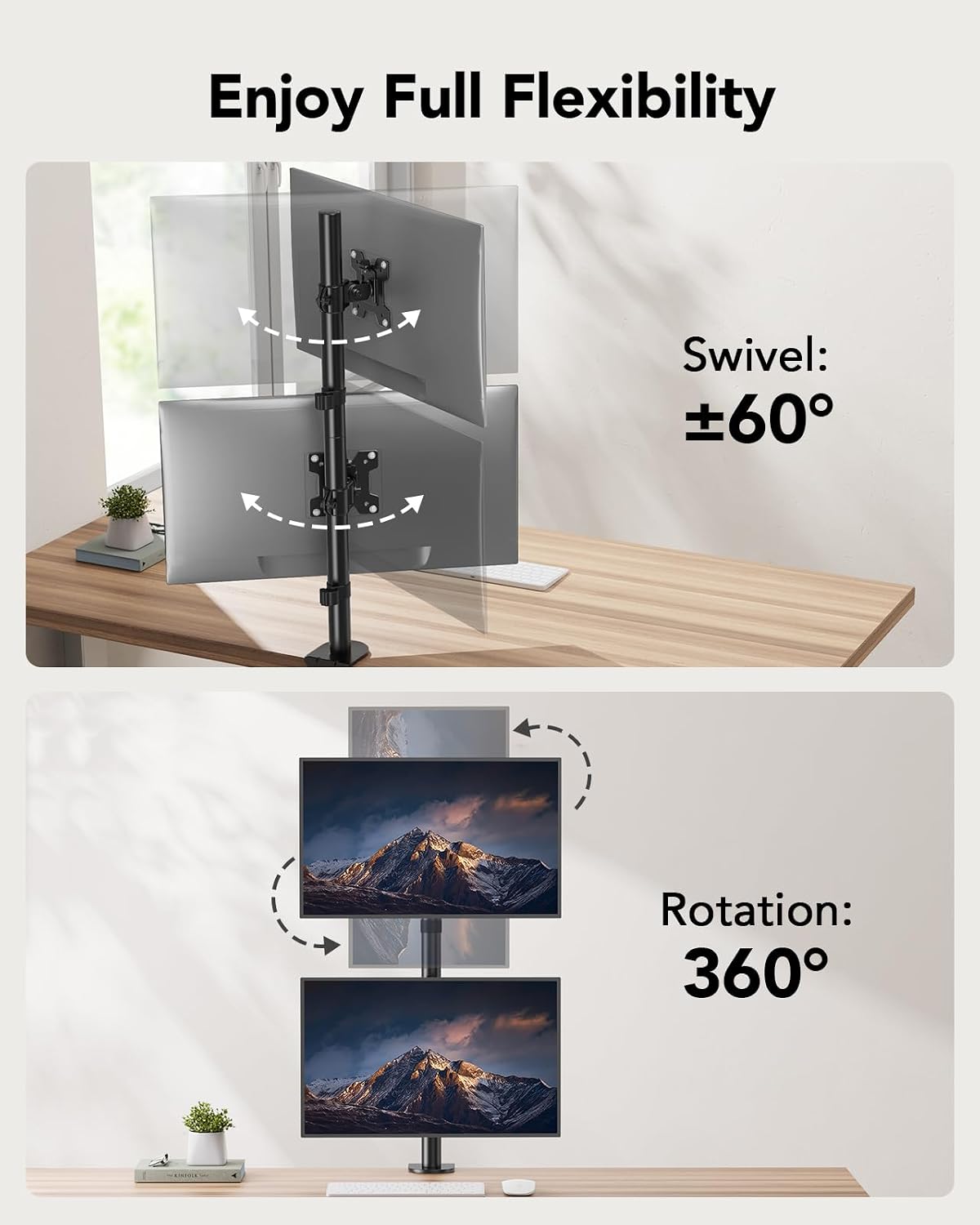 Vertical Dual Monitor Mount, Stacked Monitor Stand for 2 Monitors with Height Adjustment Computer Monitor Arm