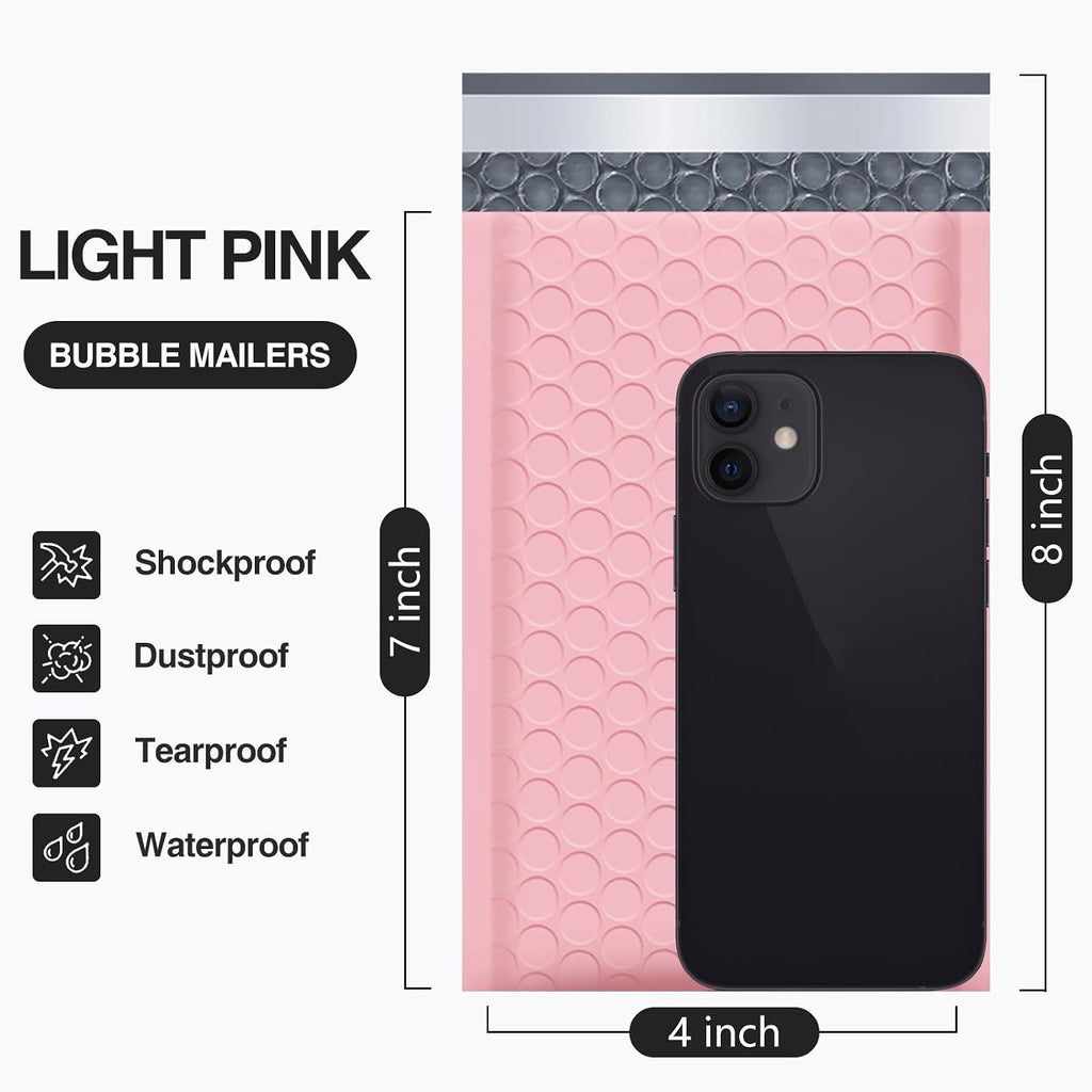 Bubble Mailers 4x8" Light Pink 50 Pack Usable Size 4x7" Shipping Bags