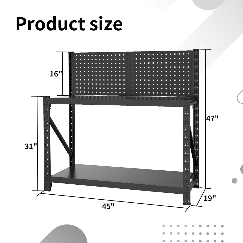 Metal Workbench with Pegboard, Heavy Duty 3-Tier Adjustable Shelf Tool Work Table, Multi-Purpose Workstation for