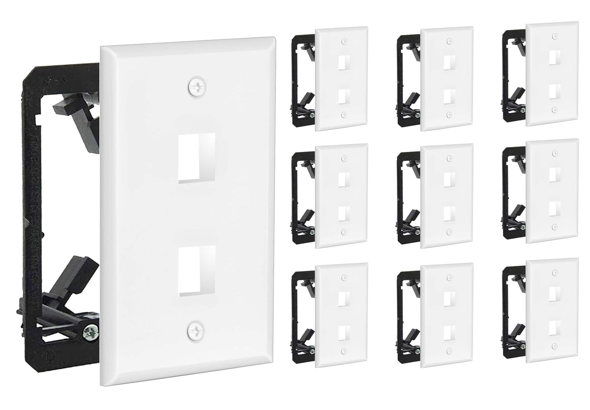 DIYTECH 2 Port Keystone Wall Plate, 10 Pack with Mounting Brackets - White