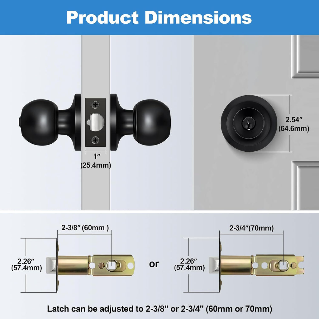 2 Pack Door Knob with Lock and Key, Keyed Different, Matte Black | Entrance Door Lock, Standard Ball