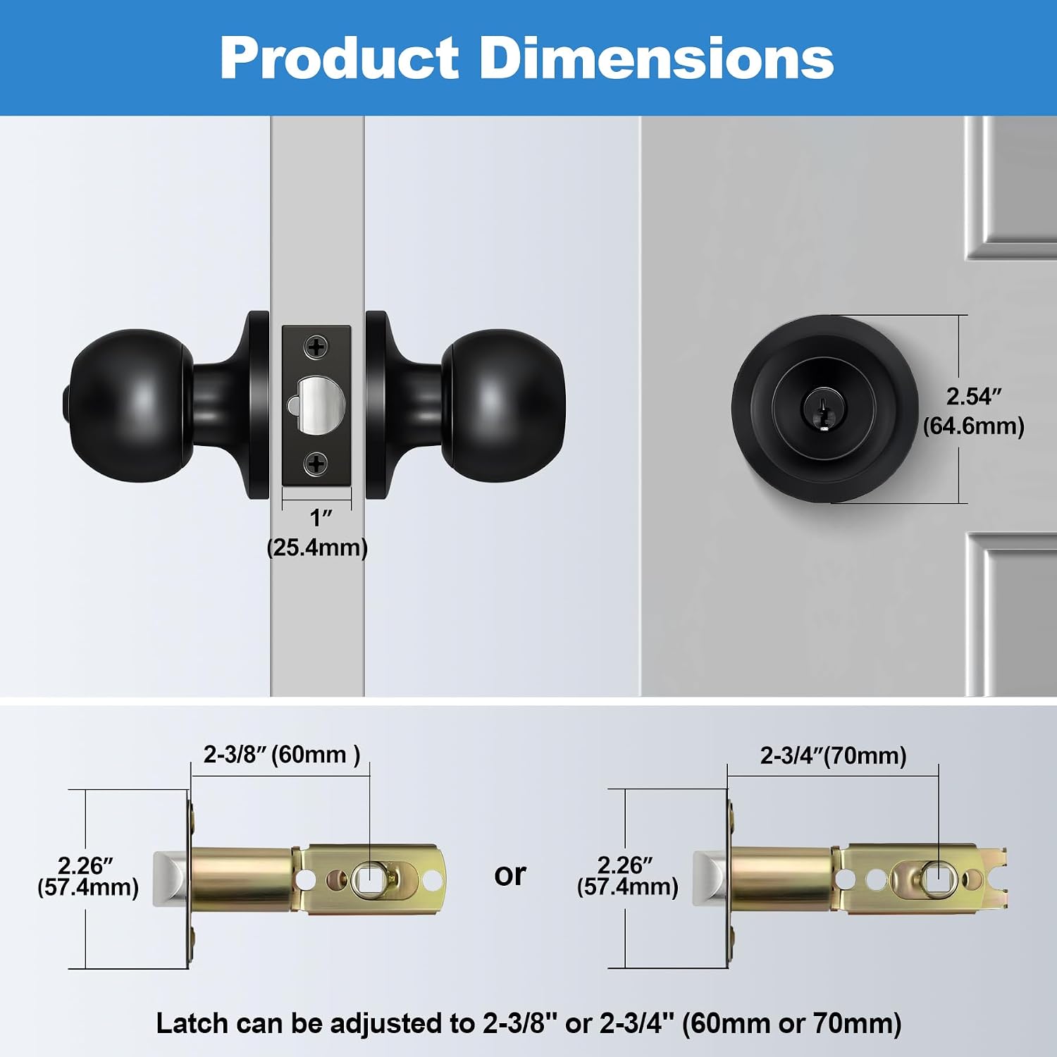 2 Pack Door Knob with Lock and Key, Keyed Different, Matte Black | Entrance Door Lock, Standard Ball