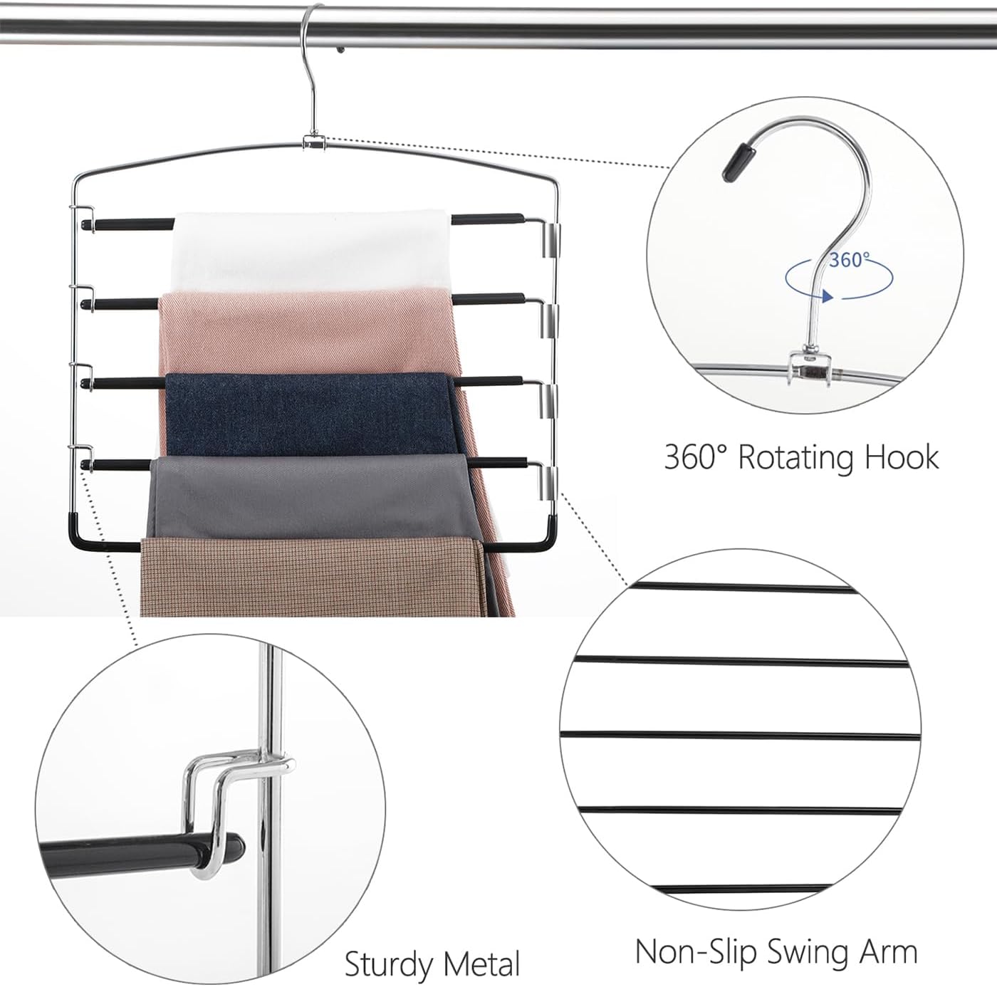 Pants Hangers Non Slip 3 Pack Space Saving Hangers Multi-Layer Swing Arm Pants Hanger Stainless Steel Space Saver