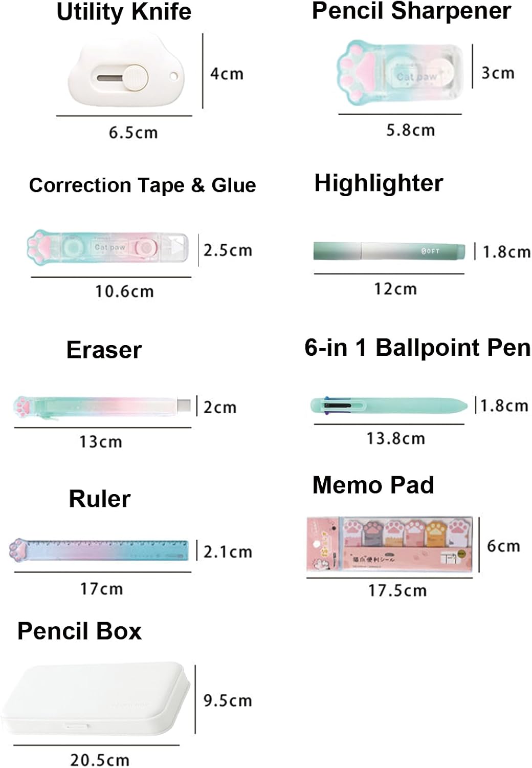 9 Pcs Cute Green Stationery Set Cat Paw School Supplies Kawaii Office Supplies Including Pens Highlighter Pencil