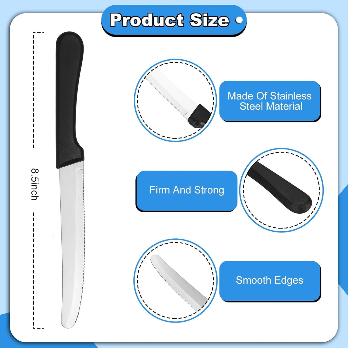 50 Pcs Steak Knives for Restaurant, 8.5 in Serrated Round Tip, Black