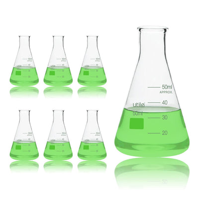 Glass Erlenmeyer Flask Set, 50ml Narrow Mouth Erlenmeyer Flasks, 6pcs of Borosilicate 3.3 Glass Conical Flasks for