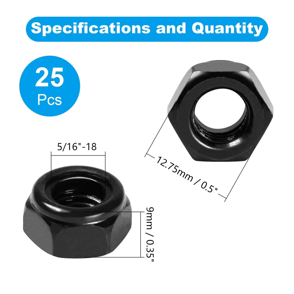 Yinpecly 25Pcs 5/16"-18 Nylon Insert Hex Lock Nuts Self-Locking Nut