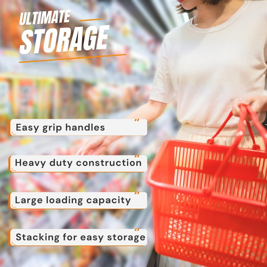 Stackable Plastic Shopping Baskets, Red and Blue, Easy-Grip Handles for Grocery, Retail, Liquor Stores, Home Use