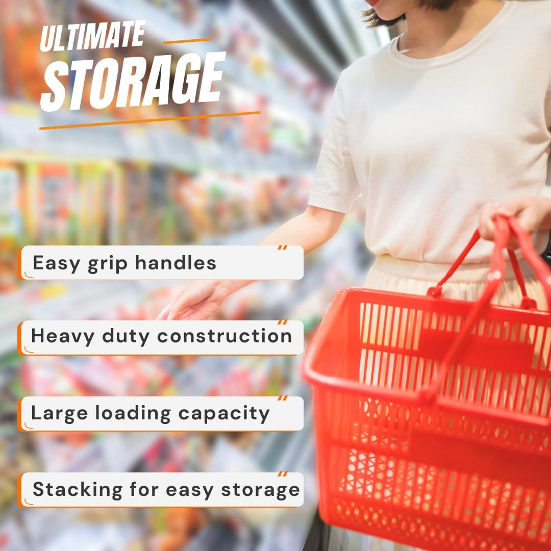 Stackable Plastic Shopping Baskets, Red and Blue, Easy-Grip Handles for Grocery, Retail, Liquor Stores, Home Use