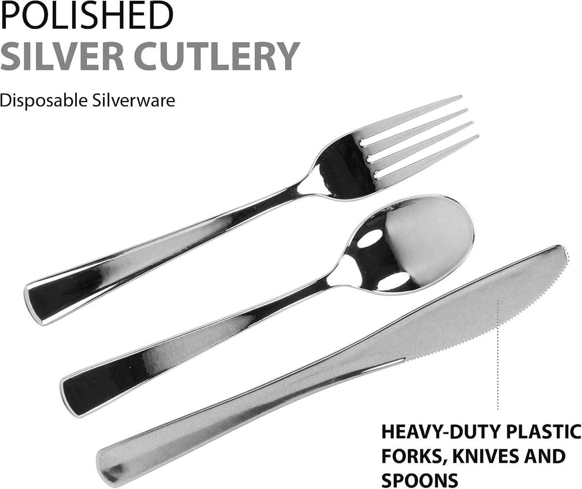 Plastic Cutlery Silverware Extra Heavyweight Disposable Flatware, Full Size Cutlery Combo, Polished Silver, 80 Forks