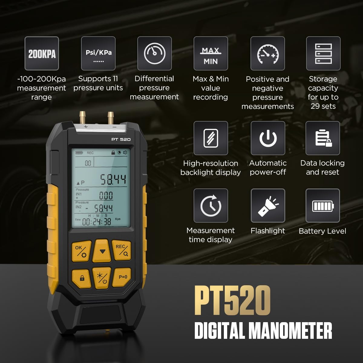 PT520 Digital Manometer Dual-Port HVAC Differential Pressure Gauge