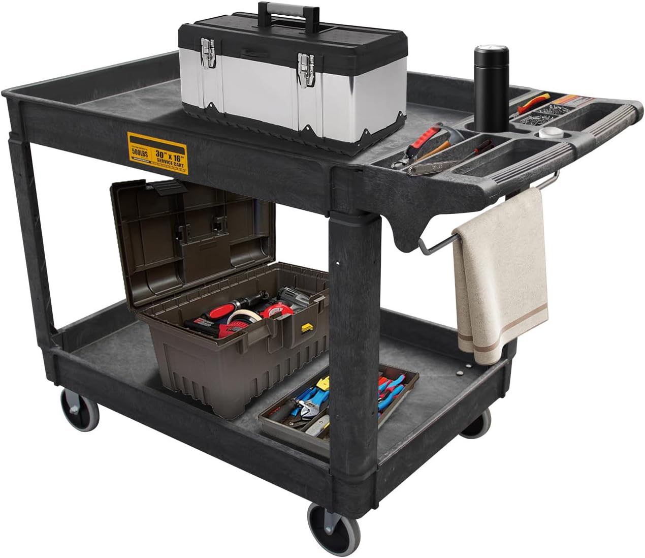 Utility Service Cart, 2-Shelf 500LBS Heavy Duty Plastic Rolling Utility Cart with 360° Swivel Wheels, Lipped Shelves