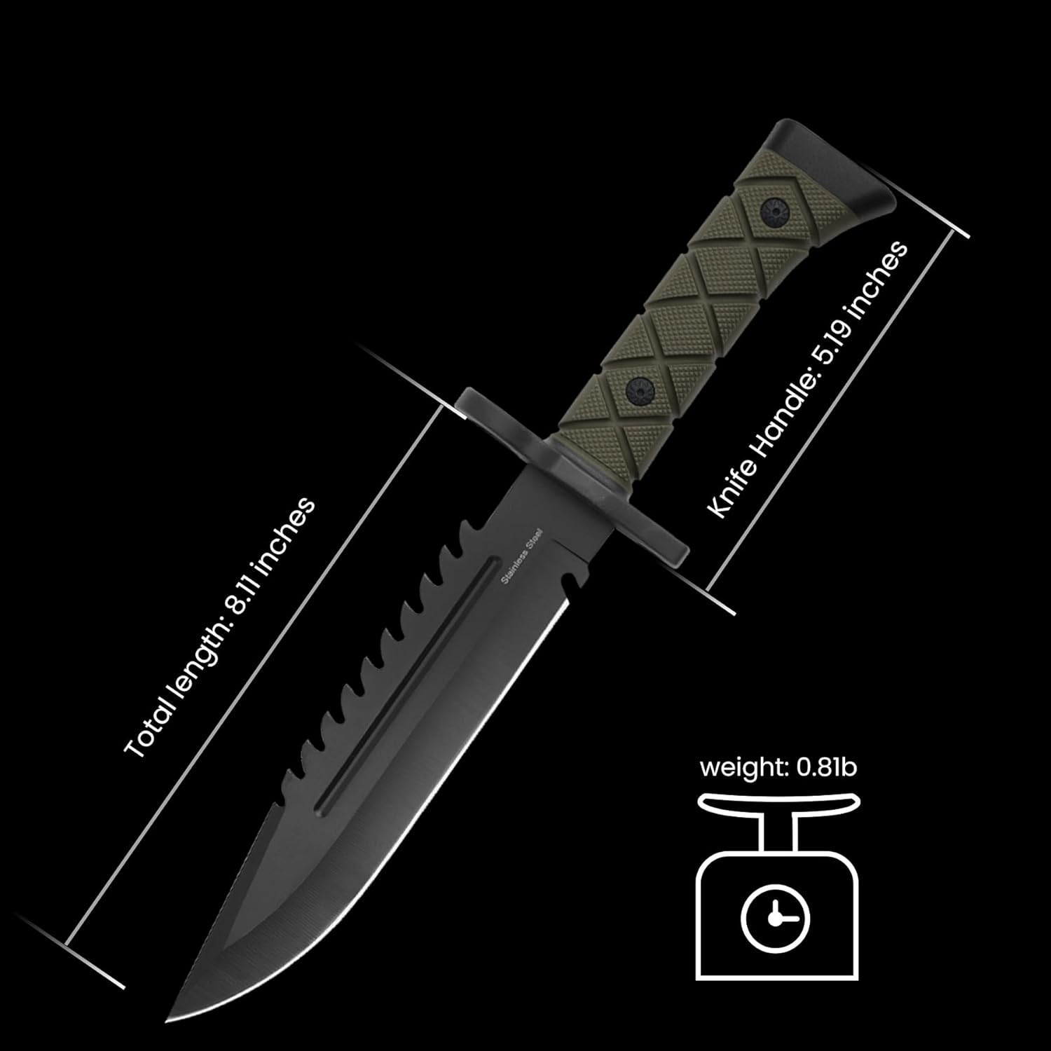 15" Fixed Blade Tactical Knives with Sheath, Stainless Steel Survival Hunting Bushcraft Full Tang Non-Slip Handle