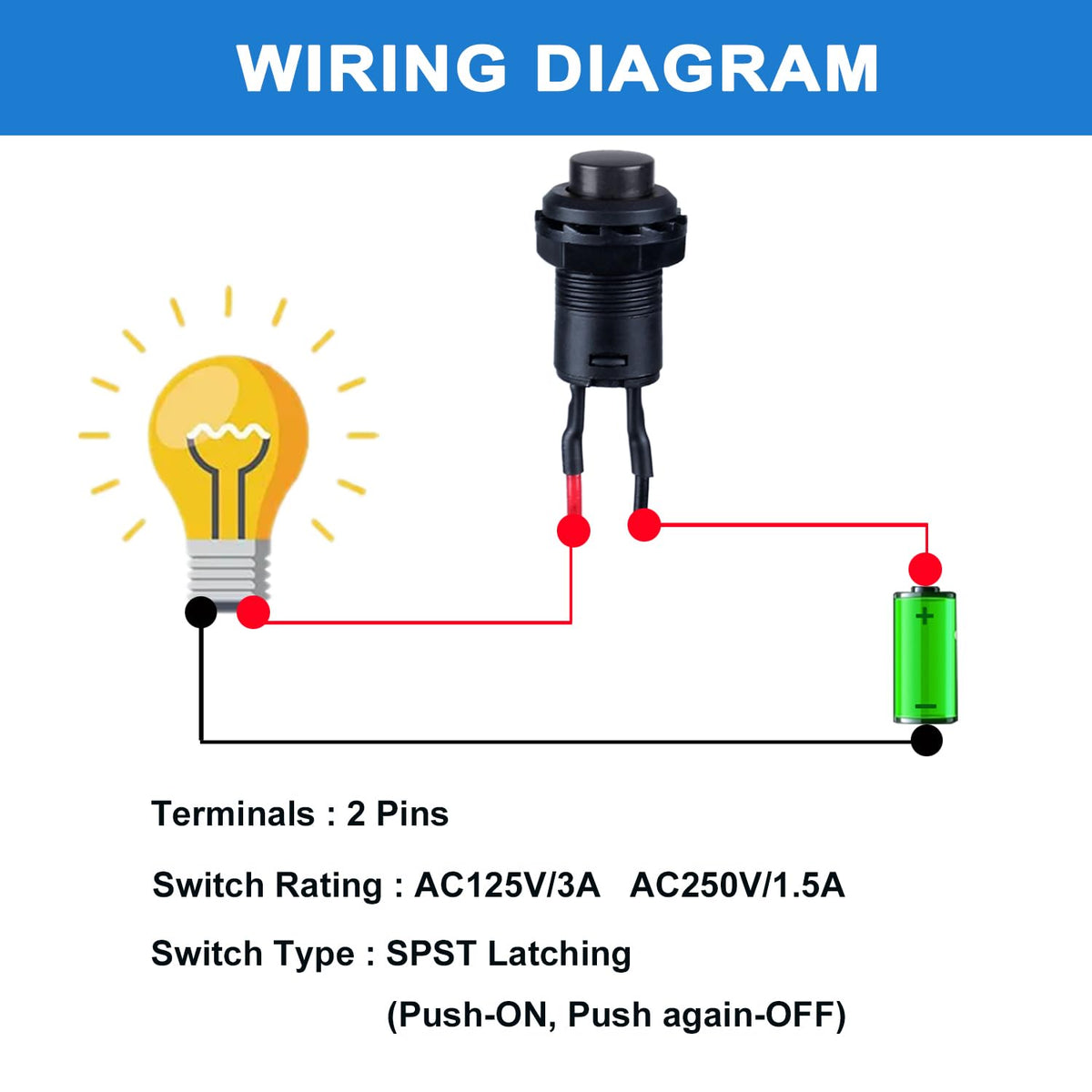 12-Pack 12mm Latching Push Button Switch AC 250V/1.5A 120V/3A ON-Off SPST Normal Open 1NO 2Pins with Pre-soldered Wires Small (12pcs Black Self-Locking)