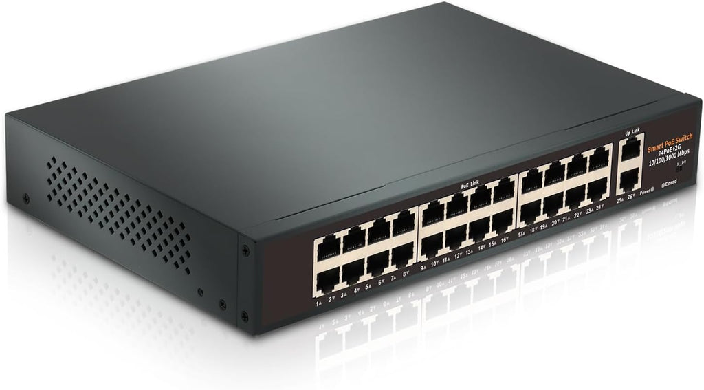 24-Port Unmanaged Gigabit PoE+ Switch with 2 Gigabit Uplink Ports, Up to 400W, IEEE 802.3af/at Compliant, VLAN