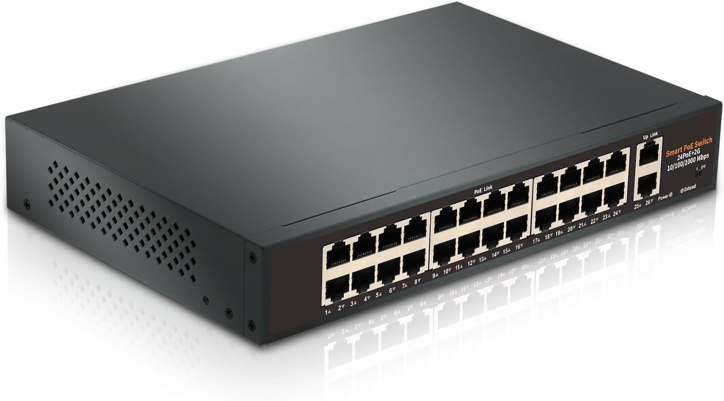 24-Port Unmanaged Gigabit PoE+ Switch with 2 Gigabit Uplink Ports, Up to 400W, IEEE 802.3af/at Compliant, VLAN