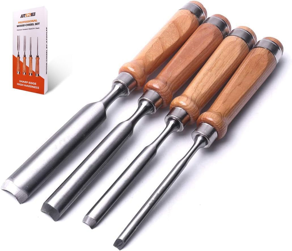 4 Pieces Wood Chisel Set for Woodworking, Professional Wood Chisel Tool Carpenter Gouge CR-V Steel Semi-Circular Edge