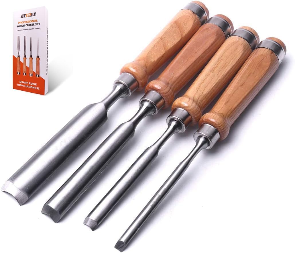 4 Pieces Wood Chisel Set for Woodworking, Professional Wood Chisel Tool Carpenter Gouge CR-V Steel Semi-Circular Edge