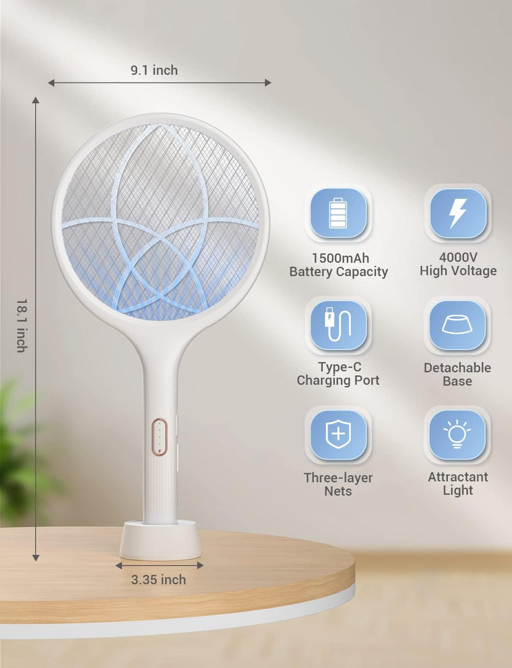 Electric Fly Swatter 4000V Bug Zapper Racket Dual Mode (1, White) | Auto Manual Mode, Purple Attractant Light