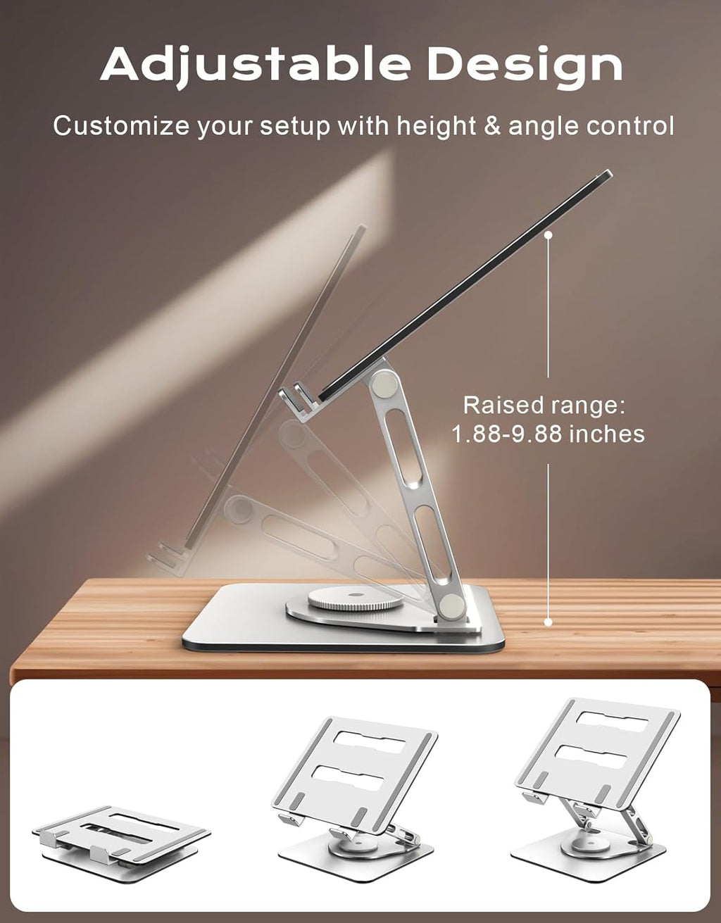 360° Rotatable Laptop Stand for Desk Adjustable Height, Ergonomic Laptop Riser Holder with Dual-bar Support, Portable