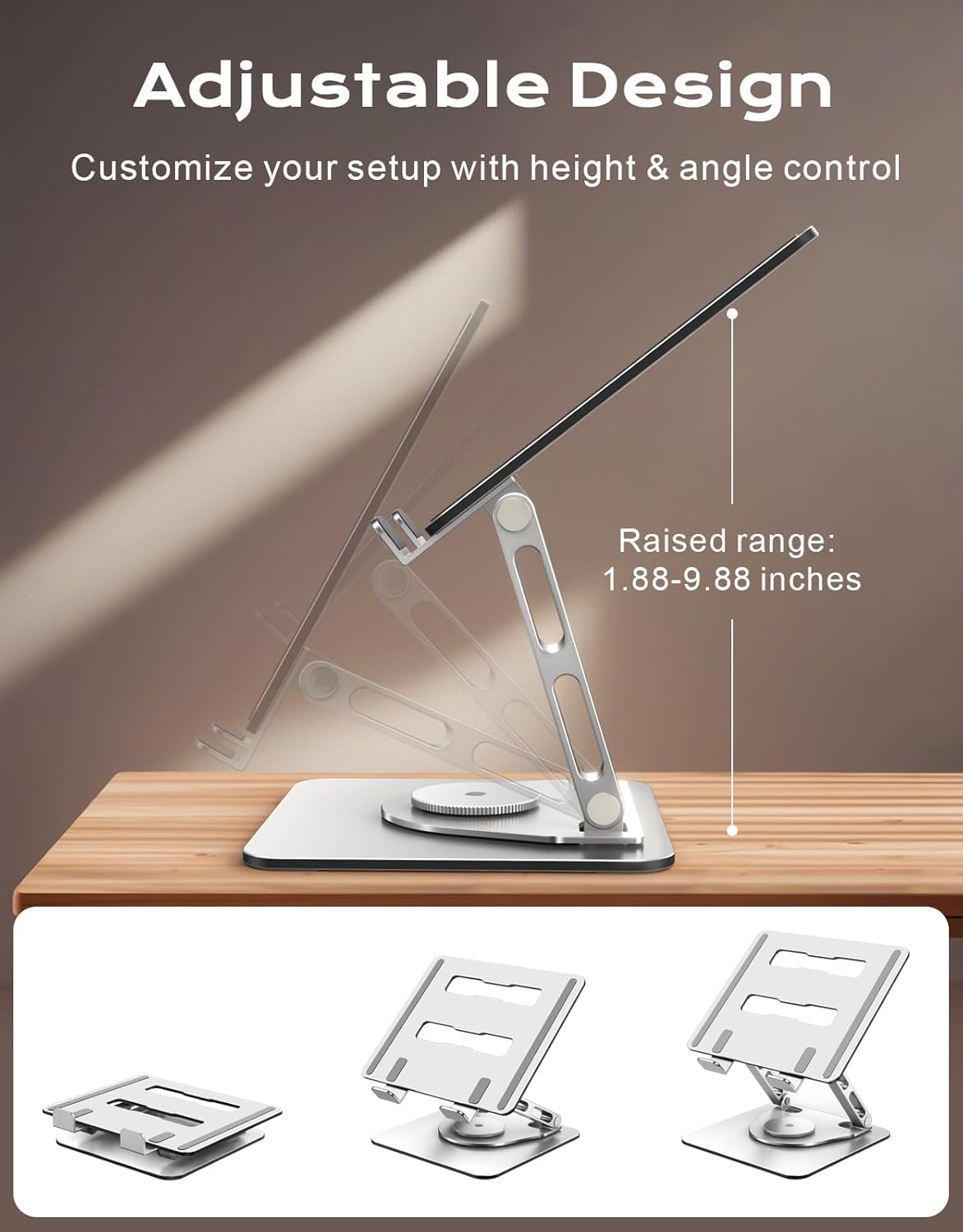 360° Rotatable Laptop Stand for Desk Adjustable Height, Ergonomic Laptop Riser Holder with Dual-bar Support, Portable