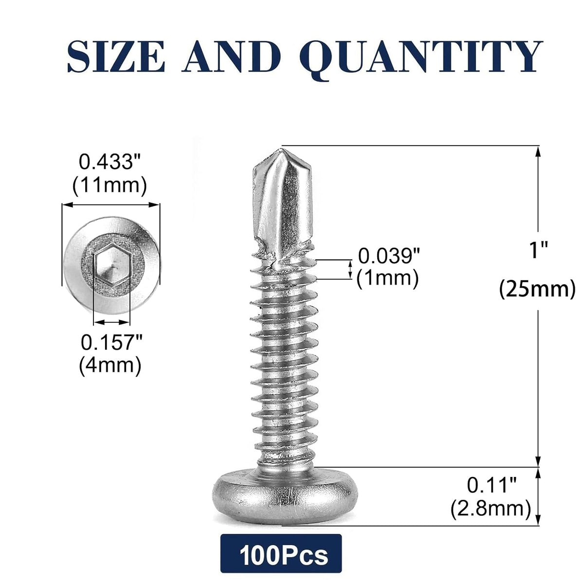 12 x 1" Stainless Steel Flat Head Socket Cap Screws, 100Pcs, Allen Socket Drive, Self Tapping